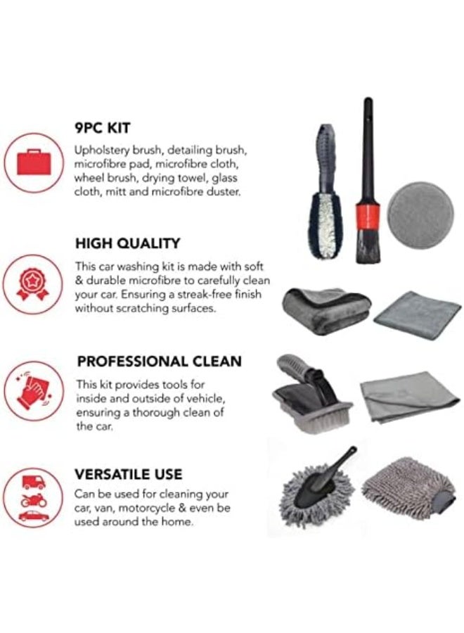 FAYET 9 Pcs Car Detailing Kit with Brushes, Microfiber Towels and Wash Mitt,  Complete Auto Cleaning Set for Wheels, Dashboard, Air Vents and Interior/Exterior Cleaning - Image 4